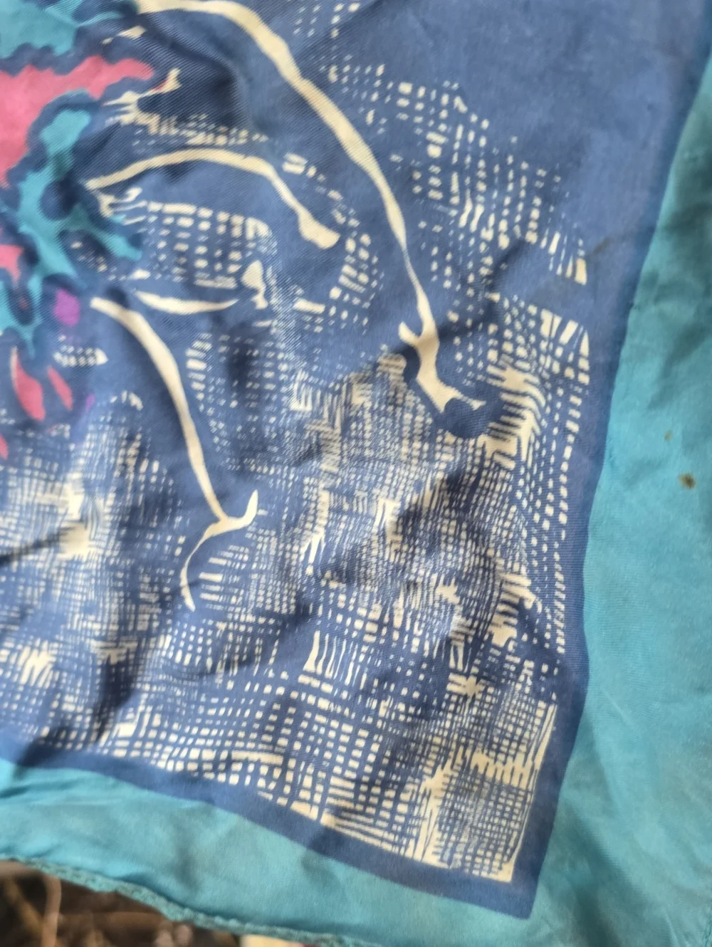 Vintage 60s 70s  Large Silk Scarf *Damaged - Abstract Design Blue Purple White